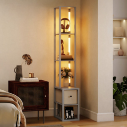 HOMCOM Floor Lamp with Shelves, LED Column Modern Standing Lamp with Fabric Drawer, Adjustable Brightness, Foot Switch for Living Room, Bedroom, Office, Grey - thumbnail 2