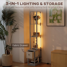HOMCOM Floor Lamp with Shelves, LED Column Modern Standing Lamp with Fabric Drawer, Adjustable Brightness, Foot Switch for Living Room, Bedroom, Office, Grey - thumbnail 4