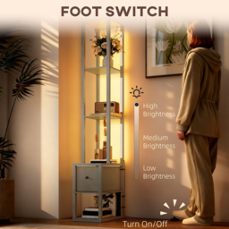 HOMCOM Floor Lamp with Shelves, LED Column Modern Standing Lamp with Fabric Drawer, Adjustable Brightness, Foot Switch for Living Room, Bedroom, Office, Grey - thumbnail 6