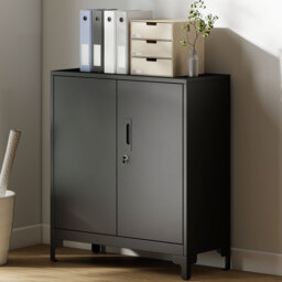 HOMCOM Lockable Metal Filing Cabinet, 2-Tier Storage Cupboard with Double Doors, Modern Office Organiser, Black - thumbnail 2