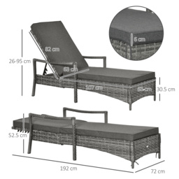 Outsunny Rattan Sun Lounger Garden Lounger Rattan Wicker w/ 4-Level Adjustable Headrest, 52.5H x 192L x 62.5W - Aosom UK - thumbnail 3