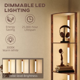 HOMCOM Floor Standing Lamp with Shelves, LED Floor Lamp with 3000K Dimmable Warm White Light for Living Room Bedroom, Rustic Brown - Aosom UK - thumbnail 5
