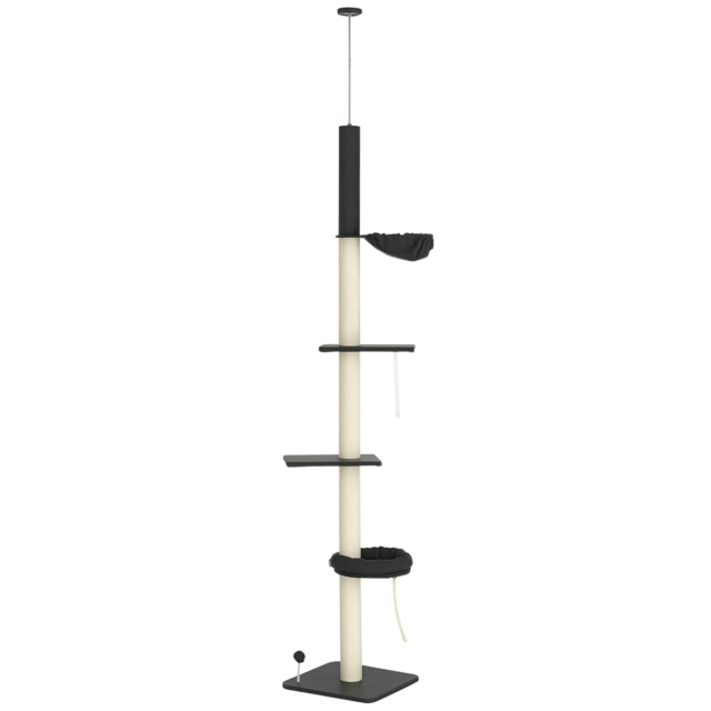 PawHut 5-Tier Cat Tree, Adjustable Height Floor to Ceiling Tower, Multi-Level Climber with Scratching Posts, Black - Aosom UK - image 1