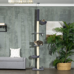 PawHut 5-Tier Cat Tree, Adjustable Height Floor to Ceiling Tower, Multi-Level Climber with Scratching Posts, Black - Aosom UK - thumbnail 2