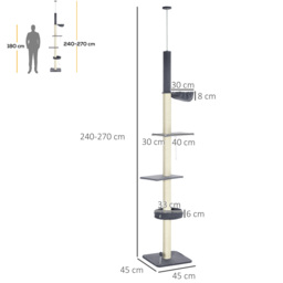 PawHut 5-Tier Cat Tree, Adjustable Height Floor to Ceiling Tower, Multi-Level Climber with Scratching Posts, Black - Aosom UK - thumbnail 3