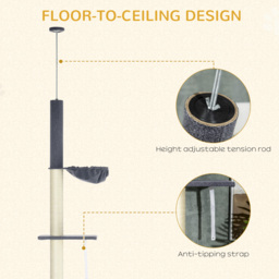 PawHut 5-Tier Cat Tree, Adjustable Height Floor to Ceiling Tower, Multi-Level Climber with Scratching Posts, Black - Aosom UK - thumbnail 5