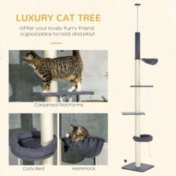 PawHut 5-Tier Cat Tree, Adjustable Height Floor to Ceiling Tower, Multi-Level Climber with Scratching Posts, Black - Aosom UK - thumbnail 4