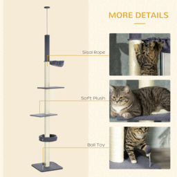 PawHut 5-Tier Cat Tree, Adjustable Height Floor to Ceiling Tower, Multi-Level Climber with Scratching Posts, Black - Aosom UK - thumbnail 6