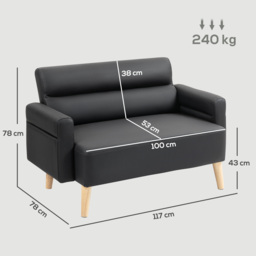HOMCOM Small Faux Leather 2 Seater Sofa Settee - Black - thumbnail 3
