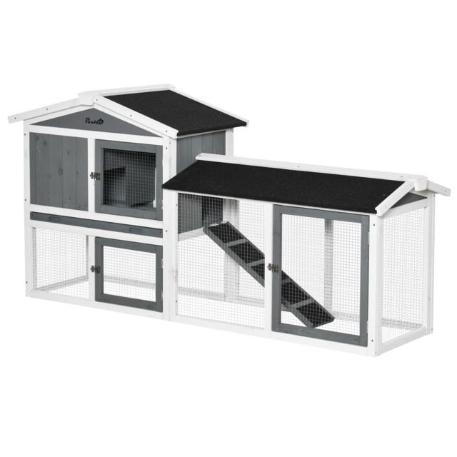 PawHut 2 Tier Wooden Rabbit Hutch, Guinea Pig Cage, Bunny Run, Small Animal House with Run Box, Slide-out Tray, 175.8 x 52 x 85.5cm, White - image 1