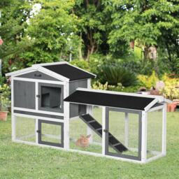 PawHut 2 Tier Wooden Rabbit Hutch, Guinea Pig Cage, Bunny Run, Small Animal House with Run Box, Slide-out Tray, 175.8 x 52 x 85.5cm, White - thumbnail 2