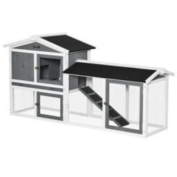 PawHut 2 Tier Wooden Rabbit Hutch, Guinea Pig Cage, Bunny Run, Small Animal House with Run Box, Slide-out Tray, 175.8 x 52 x 85.5cm, White - thumbnail 1
