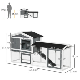 PawHut 2 Tier Wooden Rabbit Hutch, Guinea Pig Cage, Bunny Run, Small Animal House with Run Box, Slide-out Tray, 175.8 x 52 x 85.5cm, White - thumbnail 3
