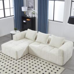Modular L-Shaped Sofa with Deep Seating and Sleeper Function, Upholstered Lounge Couch for Living Area, 250L x 158W x 60H cm, Beige - Aosom UK - thumbnail 1