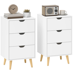 HOMCOM Set of 2 Bedside Tables, Modern Nightstand Side End Table with 3 Storage Drawers and Solid Pine Wood Legs for Bedroom Living Room Entryway, White - thumbnail 1