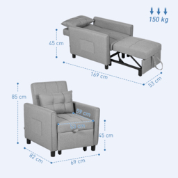 HOMCOM Single Folding Chair Bed Compact Small Versatile Convertible Linen-Look Light Grey for Small Rooms - Aosom UK - thumbnail 3