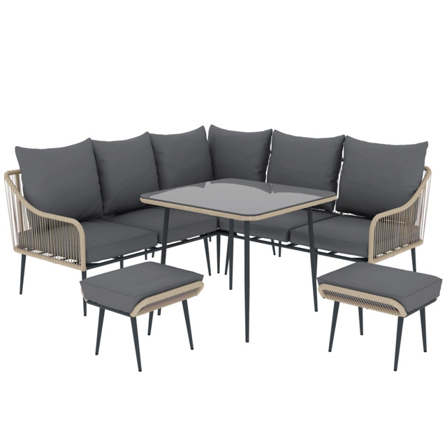 Outsunny 6 Piece Garden Furniture Set, Garden Corner Sofa Set with Thickened Cushions, Glass Top Table, Footstools for Conservatory, Light Brown - image 1