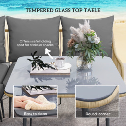 Outsunny 6 Piece Garden Furniture Set, Garden Corner Sofa Set with Thickened Cushions, Glass Top Table, Footstools for Conservatory, Light Brown - thumbnail 6