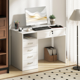 HOMCOM Computer Desk, Home Office Desk with Lockable Drawer, Storage Shelf for Study Bedroom, 110 x 50 x 76 cm, White - thumbnail 2