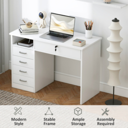 HOMCOM Computer Desk, Home Office Desk with Lockable Drawer, Storage Shelf for Study Bedroom, 110 x 50 x 76 cm, White - thumbnail 6