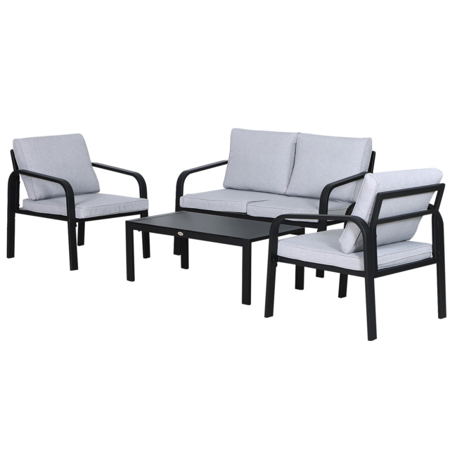 Outsunny 4 Pcs Aluminium Frame Garden Dining Set w/ 2 Chairs Sofa Glass Top Table Foam Cushions Sleek Contemporary Tough Durable Grey Black - image 1