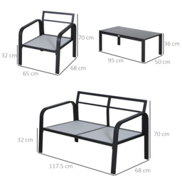Outsunny 4 Pcs Aluminium Frame Garden Dining Set w/ 2 Chairs Sofa Glass Top Table Foam Cushions Sleek Contemporary Tough Durable Grey Black - thumbnail 3