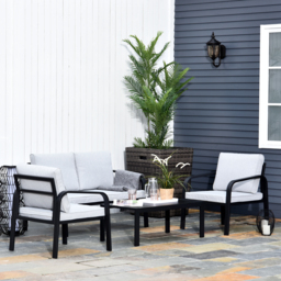 Outsunny 4 Pcs Aluminium Frame Garden Dining Set w/ 2 Chairs Sofa Glass Top Table Foam Cushions Sleek Contemporary Tough Durable Grey Black - thumbnail 2