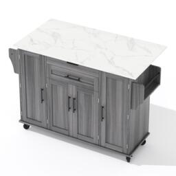 Versatile Kitchen Trolley with Fold-Out Worktop and Lockable Castors, Spacious Kitchen Island with Cabinets, 136L x 70W x 92H cm, Gray - Aosom UK - thumbnail 2