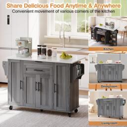 Versatile Kitchen Trolley with Fold-Out Worktop and Lockable Castors, Spacious Kitchen Island with Cabinets, 136L x 70W x 92H cm, Gray - Aosom UK - thumbnail 6