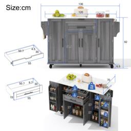 Versatile Kitchen Trolley with Fold-Out Worktop and Lockable Castors, Spacious Kitchen Island with Cabinets, 136L x 70W x 92H cm, Gray - Aosom UK - thumbnail 3