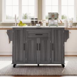 Versatile Kitchen Trolley with Fold-Out Worktop and Lockable Castors, Spacious Kitchen Island with Cabinets, 136L x 70W x 92H cm, Gray - Aosom UK - thumbnail 9