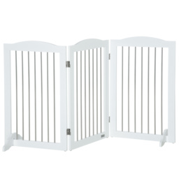 PawHut Foldable Dog Gate, Wooden Freestanding Pet Gate with 2 Support Feet, Dog Barrier for Doorways, Stairs, Halls - White - Aosom UK