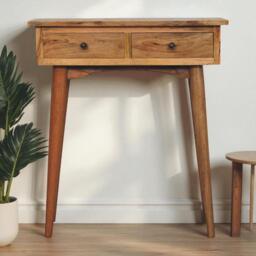 Narrow Console Table, Oak-Effect Finish, 2 Drawers, Circular Silhouette,, 30L x 70W x 78H cm, Brown - Aosom UK