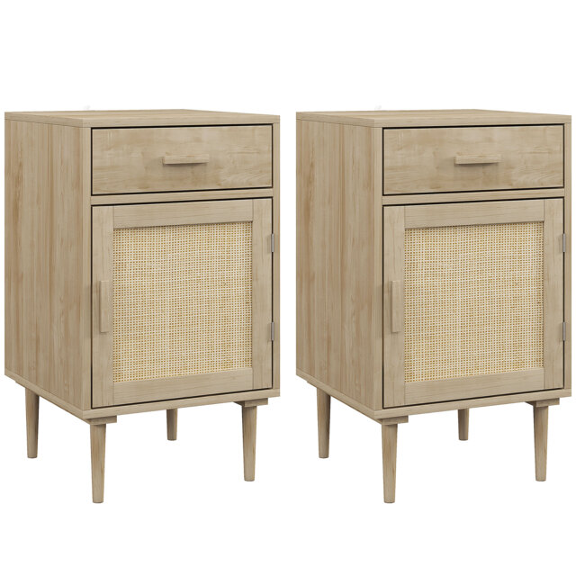 HOMCOM Bedside Tables Set of 2, Rattan Side Tables with Drawer, Cabinet and Adjustable Shelf, Boho Bedside Cabinets with Storage for Bedroom, Living Room, Natural Wood Finish - image 1