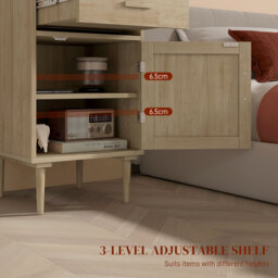 HOMCOM Bedside Tables Set of 2, Rattan Side Tables with Drawer, Cabinet and Adjustable Shelf, Boho Bedside Cabinets with Storage for Bedroom, Living Room, Natural Wood Finish - thumbnail 6