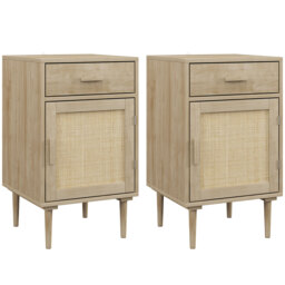 HOMCOM Bedside Tables Set of 2, Rattan Side Tables with Drawer, Cabinet and Adjustable Shelf, Boho Bedside Cabinets with Storage for Bedroom, Living Room, Natural Wood Finish