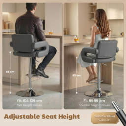 HOMCOM Bar Stools Adjustable Swivel Kitchen Chairs with Backrest Armrest Set of 2 PU Leather Grey - thumbnail 6