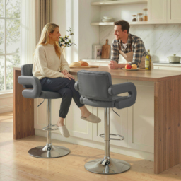 HOMCOM Bar Stools Adjustable Swivel Kitchen Chairs with Backrest Armrest Set of 2 PU Leather Grey - thumbnail 2