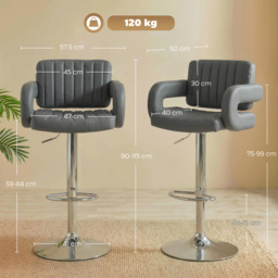HOMCOM Bar Stools Adjustable Swivel Kitchen Chairs with Backrest Armrest Set of 2 PU Leather Grey - thumbnail 3