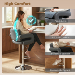 HOMCOM Bar Stools Adjustable Swivel Kitchen Chairs with Backrest Armrest Set of 2 PU Leather Grey - thumbnail 4