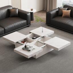 Modern Square Coffee Table with 4 Drawers and Sliding Surface, Space-Saving Center Table for Living Rooms, 90L x 90W x 25H cm, White - Aosom UK - thumbnail 8