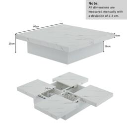 Modern Square Coffee Table with 4 Drawers and Sliding Surface, Space-Saving Center Table for Living Rooms, 90L x 90W x 25H cm, White - Aosom UK - thumbnail 3