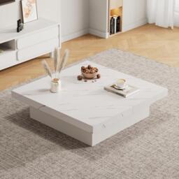 Modern Square Coffee Table with 4 Drawers and Sliding Surface, Space-Saving Center Table for Living Rooms, 90L x 90W x 25H cm, White - Aosom UK - thumbnail 1