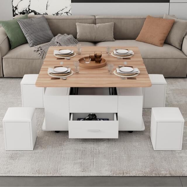 Extendable Coffee Table with Hydraulic Lift, Space-Saving Center Table with 4 Hidden-Storage Stools, 100L x 50W x 45H cm, White+Natural - Aosom UK - image 1