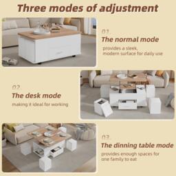 Extendable Coffee Table with Hydraulic Lift, Space-Saving Center Table with 4 Hidden-Storage Stools, 100L x 50W x 45H cm, White+Natural - Aosom UK - thumbnail 5