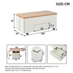 Extendable Coffee Table with Hydraulic Lift, Space-Saving Center Table with 4 Hidden-Storage Stools, 100L x 50W x 45H cm, White+Natural - Aosom UK - thumbnail 3