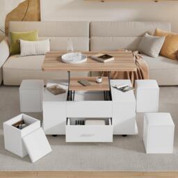 Extendable Coffee Table with Hydraulic Lift, Space-Saving Center Table with 4 Hidden-Storage Stools, 100L x 50W x 45H cm, White+Natural - Aosom UK - thumbnail 7