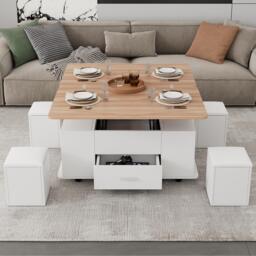 Extendable Coffee Table with Hydraulic Lift, Space-Saving Center Table with 4 Hidden-Storage Stools, 100L x 50W x 45H cm, White+Natural - Aosom UK