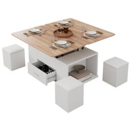Extendable Coffee Table with Hydraulic Lift, Space-Saving Center Table with 4 Hidden-Storage Stools, 100L x 50W x 45H cm, White+Natural - Aosom UK - thumbnail 2