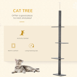 PawHut Cat Tree Tower, Floor to Ceiling with 3 Perches, Scratching Posts, Activity Centre for Kittens, Grey - Aosom UK - thumbnail 4